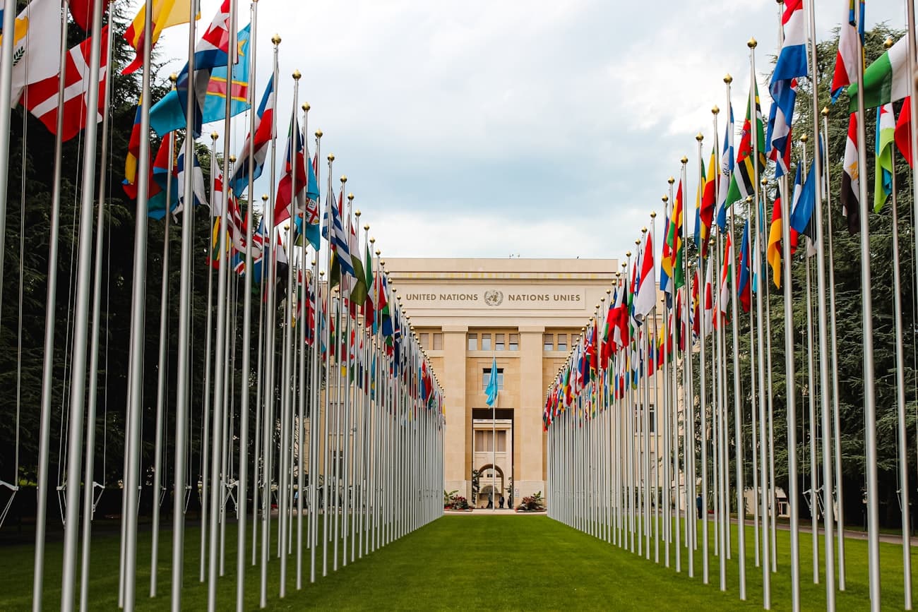 Member-state flags line the approach to the Palais des Nations in Geneva